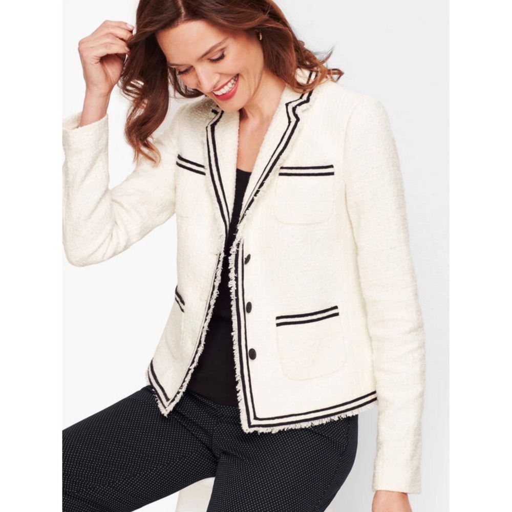 Talbots Tweed Blazer Women 4 Ivory Black Old Money Preppy Contrast Trim Fringe